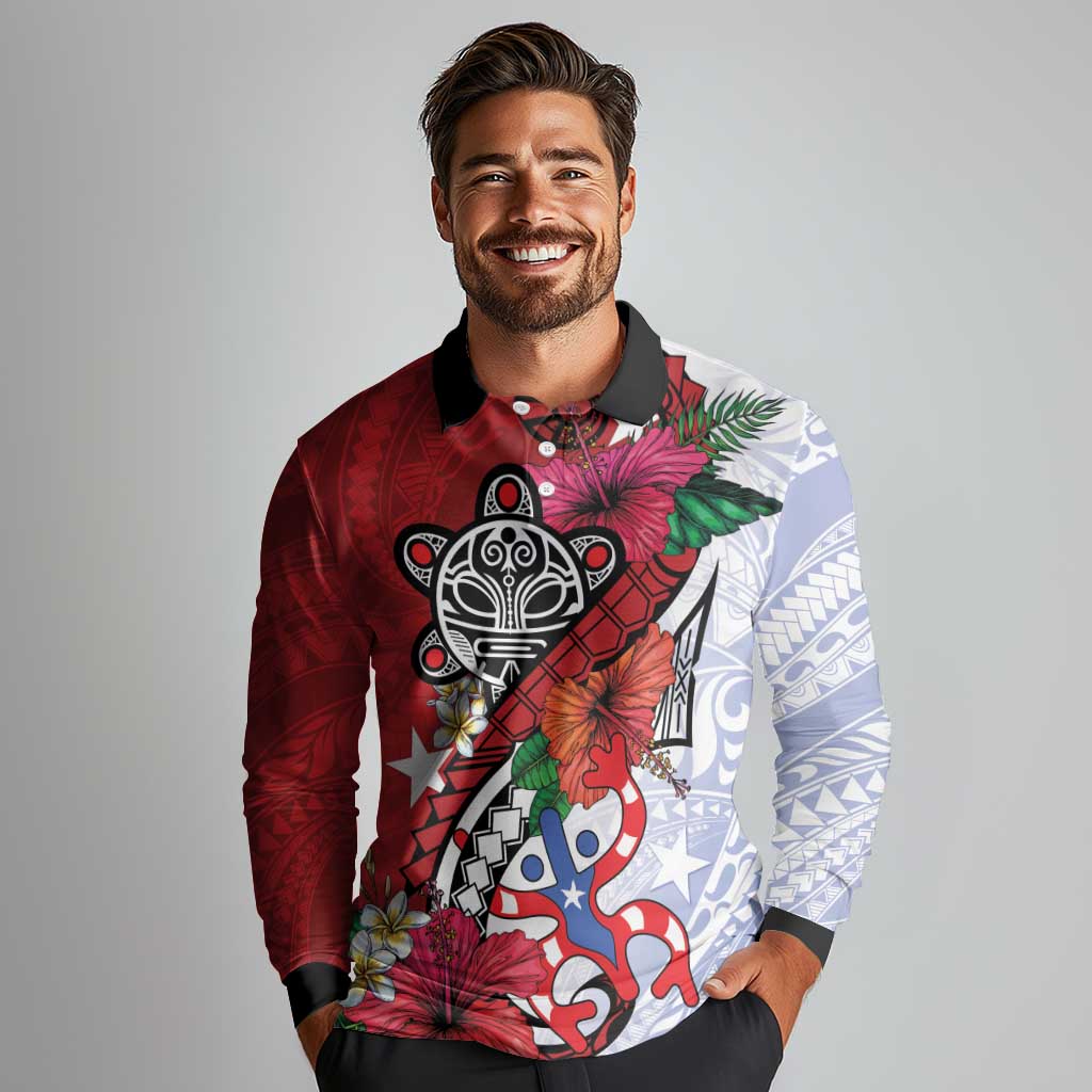 Puerto Rico Boricua Long Sleeve Polo Shirt Taino - Polynesia Tribal Mix - Wonder Print Shop