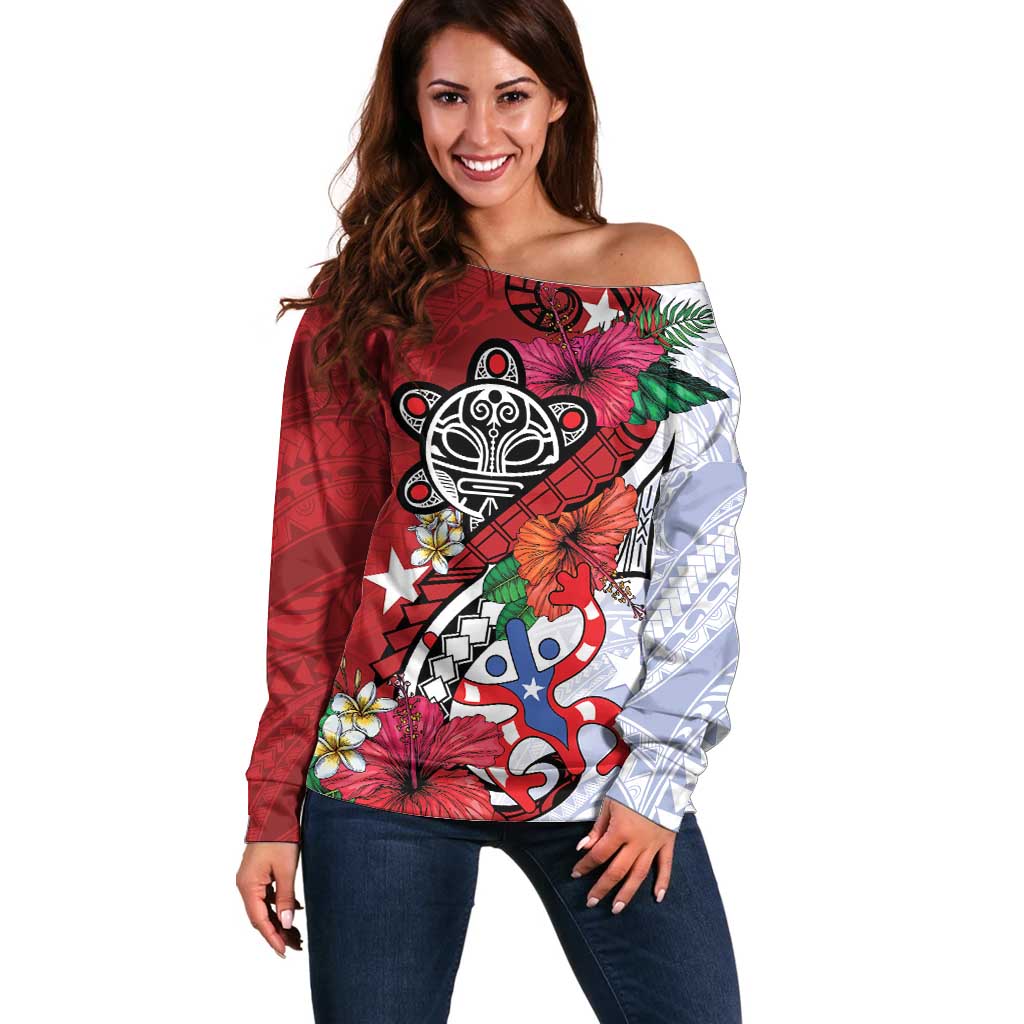 Puerto Rico Boricua Off Shoulder Sweater Taino - Polynesia Tribal Mix - Wonder Print Shop