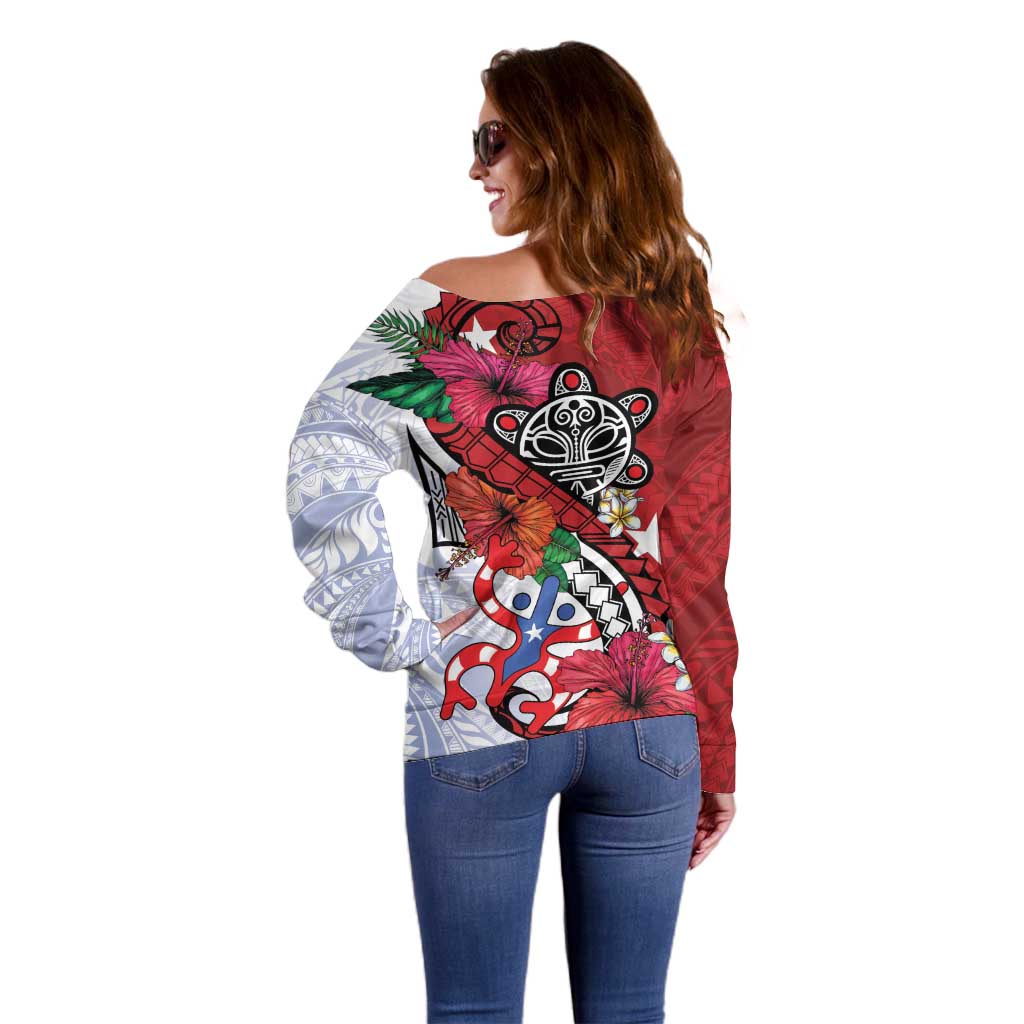 Puerto Rico Boricua Off Shoulder Sweater Taino - Polynesia Tribal Mix - Wonder Print Shop