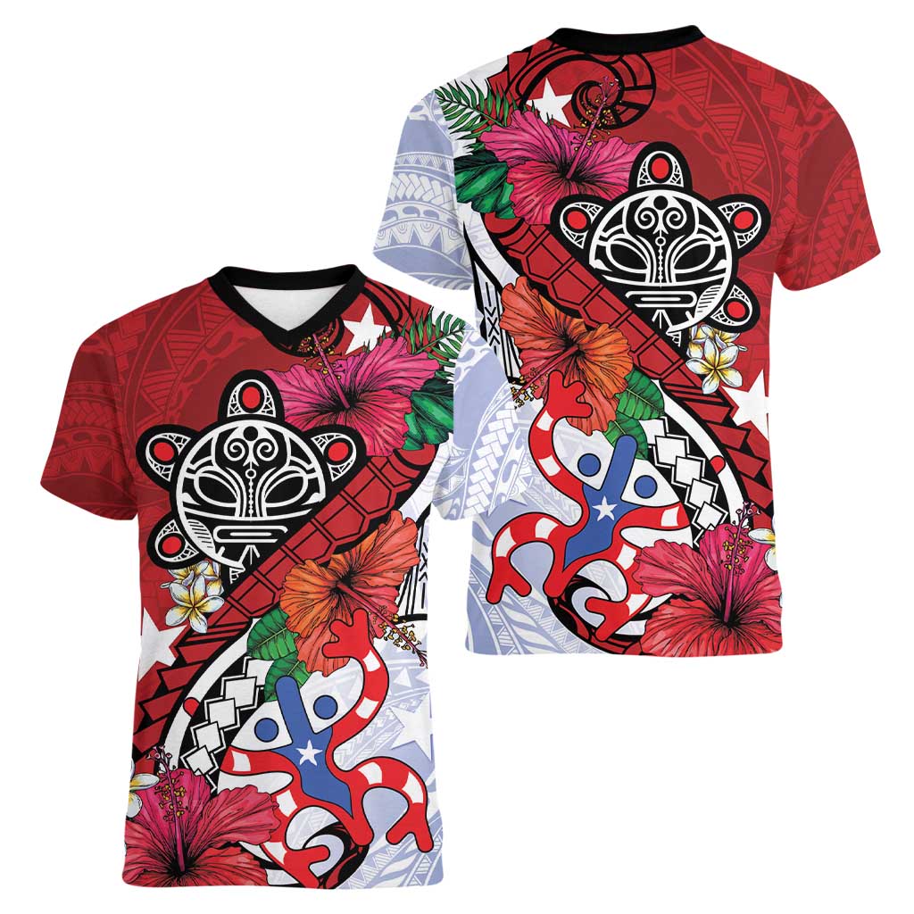 Puerto Rico Boricua Women V-Neck T-Shirt Taino - Polynesia Tribal Mix - Wonder Print Shop