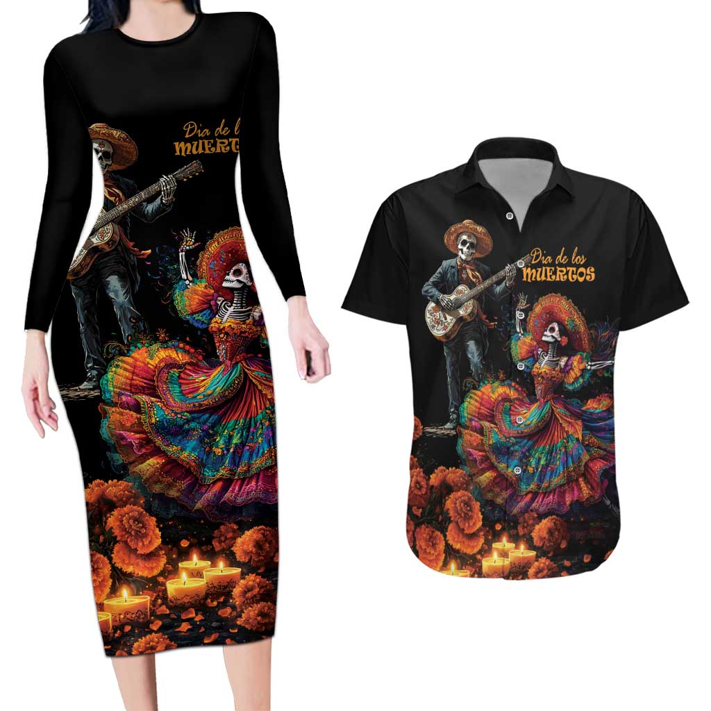 Mexico Dia de los Muertos Couples Matching Long Sleeve Bodycon Dress and Hawaiian Shirt La Calavera Catrina LT7 - Wonder Print Shop