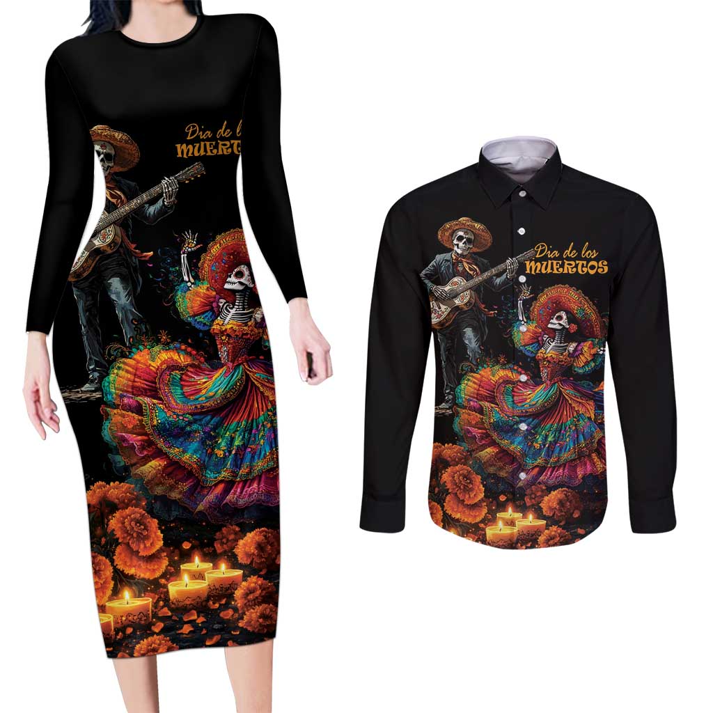 Mexico Dia de los Muertos Couples Matching Long Sleeve Bodycon Dress and Long Sleeve Button Shirt La Calavera Catrina LT7 - Wonder Print Shop