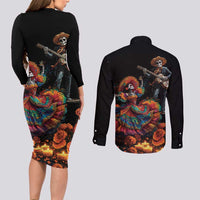 Mexico Dia de los Muertos Couples Matching Long Sleeve Bodycon Dress and Long Sleeve Button Shirt La Calavera Catrina LT7 - Wonder Print Shop
