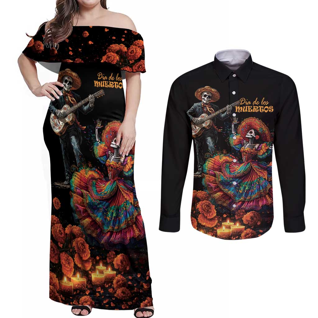 Mexico Dia de los Muertos Couples Matching Off Shoulder Maxi Dress and Long Sleeve Button Shirt La Calavera Catrina LT7 - Wonder Print Shop