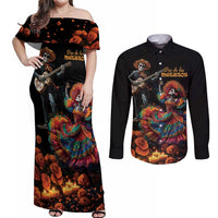 Mexico Dia de los Muertos Couples Matching Off Shoulder Maxi Dress and Long Sleeve Button Shirt La Calavera Catrina LT7 - Wonder Print Shop
