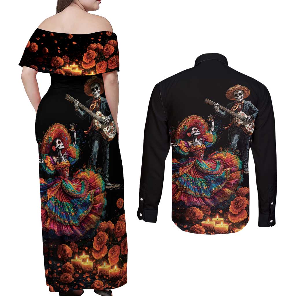 Mexico Dia de los Muertos Couples Matching Off Shoulder Maxi Dress and Long Sleeve Button Shirt La Calavera Catrina LT7 - Wonder Print Shop