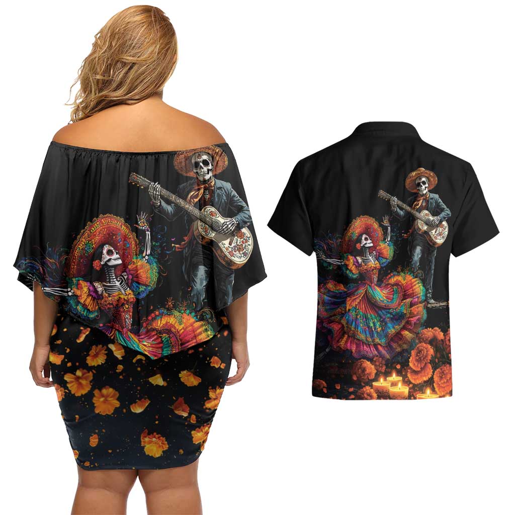 Mexico Dia de los Muertos Couples Matching Off Shoulder Short Dress and Hawaiian Shirt La Calavera Catrina LT7 - Wonder Print Shop
