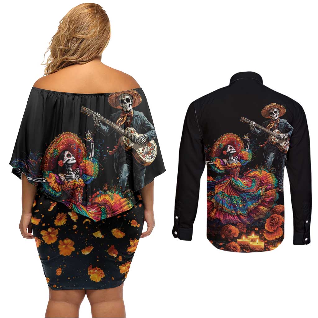 Mexico Dia de los Muertos Couples Matching Off Shoulder Short Dress and Long Sleeve Button Shirt La Calavera Catrina LT7 - Wonder Print Shop