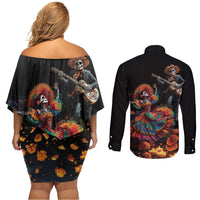 Mexico Dia de los Muertos Couples Matching Off Shoulder Short Dress and Long Sleeve Button Shirt La Calavera Catrina LT7 - Wonder Print Shop