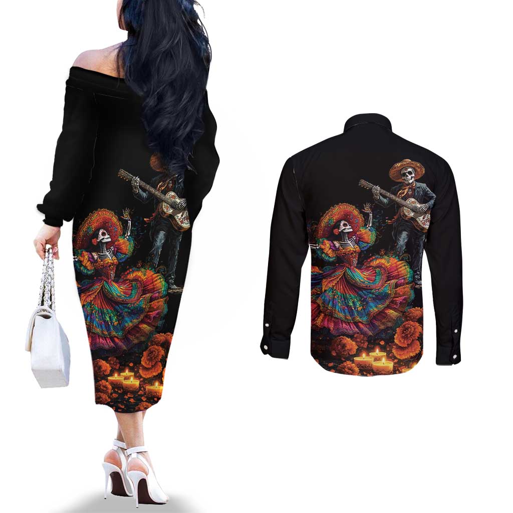 Mexico Dia de los Muertos Couples Matching Off The Shoulder Long Sleeve Dress and Long Sleeve Button Shirt La Calavera Catrina