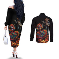 Mexico Dia de los Muertos Couples Matching Off The Shoulder Long Sleeve Dress and Long Sleeve Button Shirt La Calavera Catrina