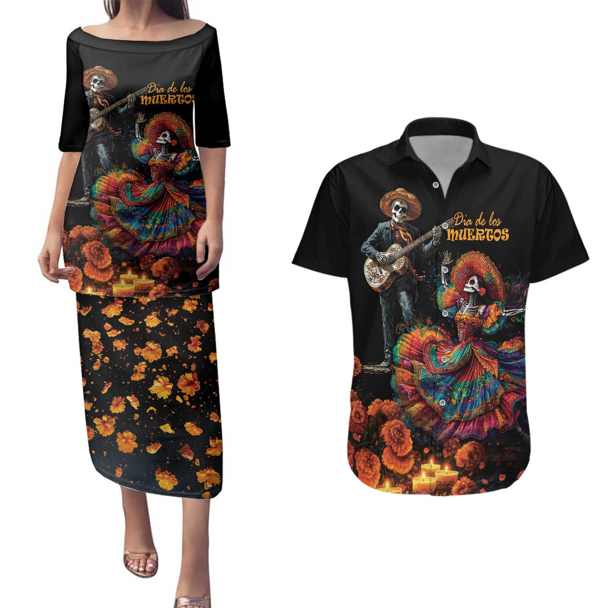 Mexico Dia de los Muertos Couples Matching Puletasi and Hawaiian Shirt La Calavera Catrina LT7 - Wonder Print Shop