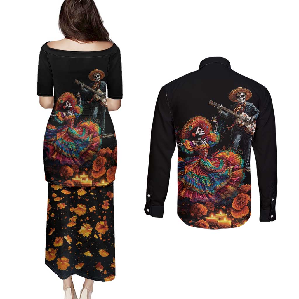 Mexico Dia de los Muertos Couples Matching Puletasi and Long Sleeve Button Shirt La Calavera Catrina LT7 - Wonder Print Shop