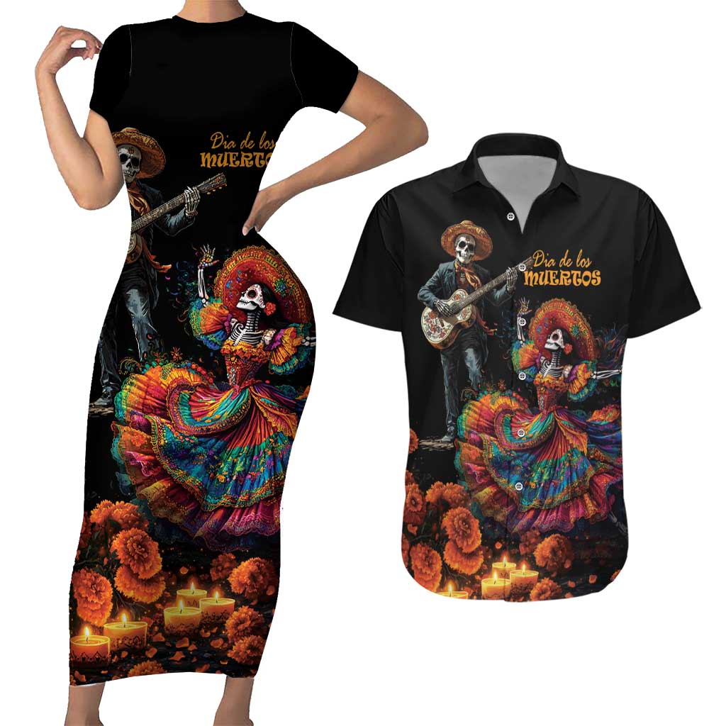 Mexico Dia de los Muertos Couples Matching Short Sleeve Bodycon Dress and Hawaiian Shirt La Calavera Catrina LT7 - Wonder Print Shop