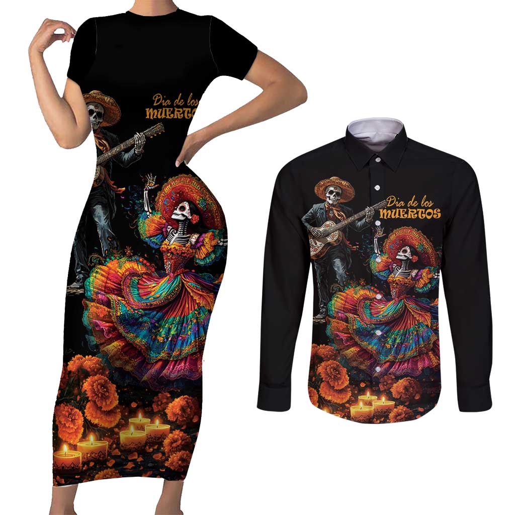 Mexico Dia de los Muertos Couples Matching Short Sleeve Bodycon Dress and Long Sleeve Button Shirt La Calavera Catrina LT7 - Wonder Print Shop