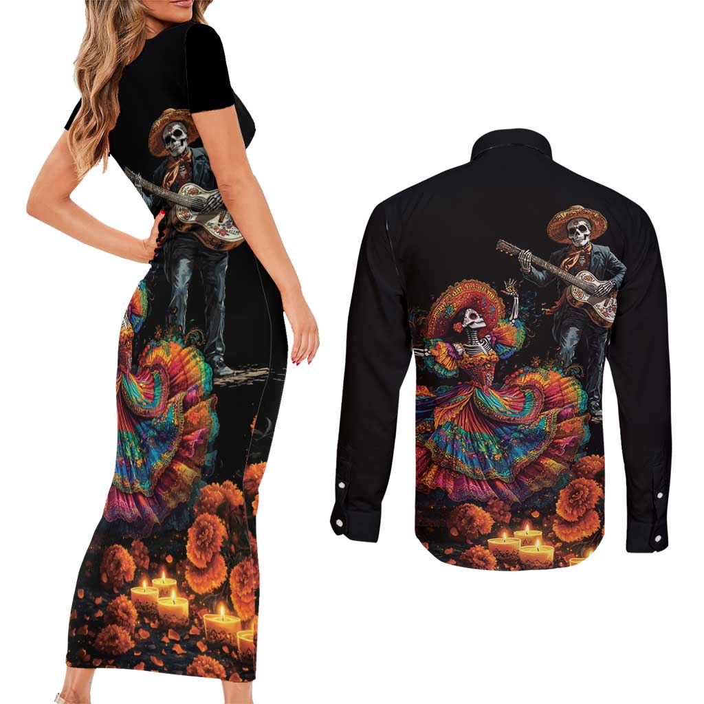 Mexico Dia de los Muertos Couples Matching Short Sleeve Bodycon Dress and Long Sleeve Button Shirt La Calavera Catrina LT7 - Wonder Print Shop