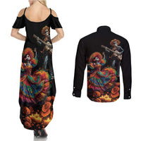 Mexico Dia de los Muertos Couples Matching Summer Maxi Dress and Long Sleeve Button Shirt La Calavera Catrina LT7 - Wonder Print Shop