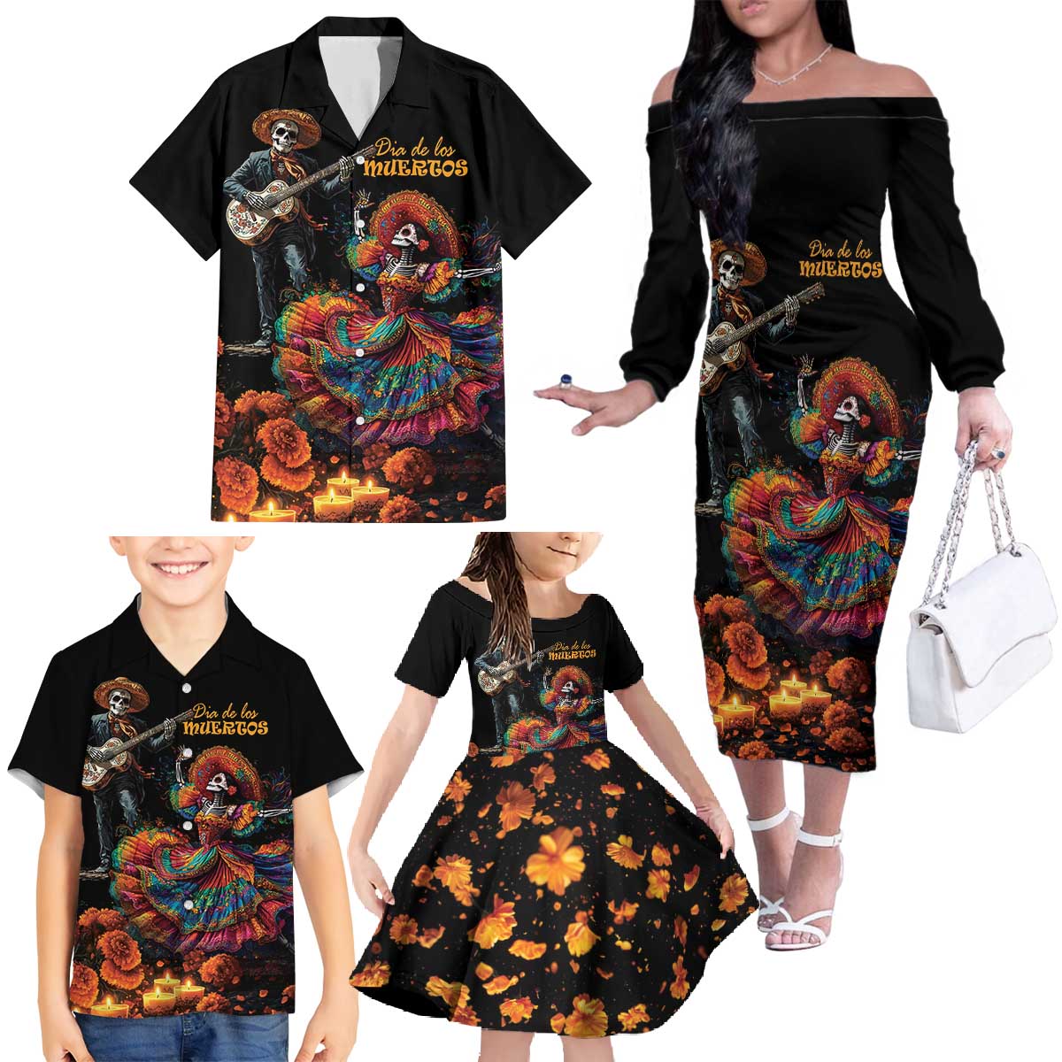 Mexico Dia de los Muertos Family Matching Off The Shoulder Long Sleeve Dress and Hawaiian Shirt La Calavera Catrina - Wonder Print Shop