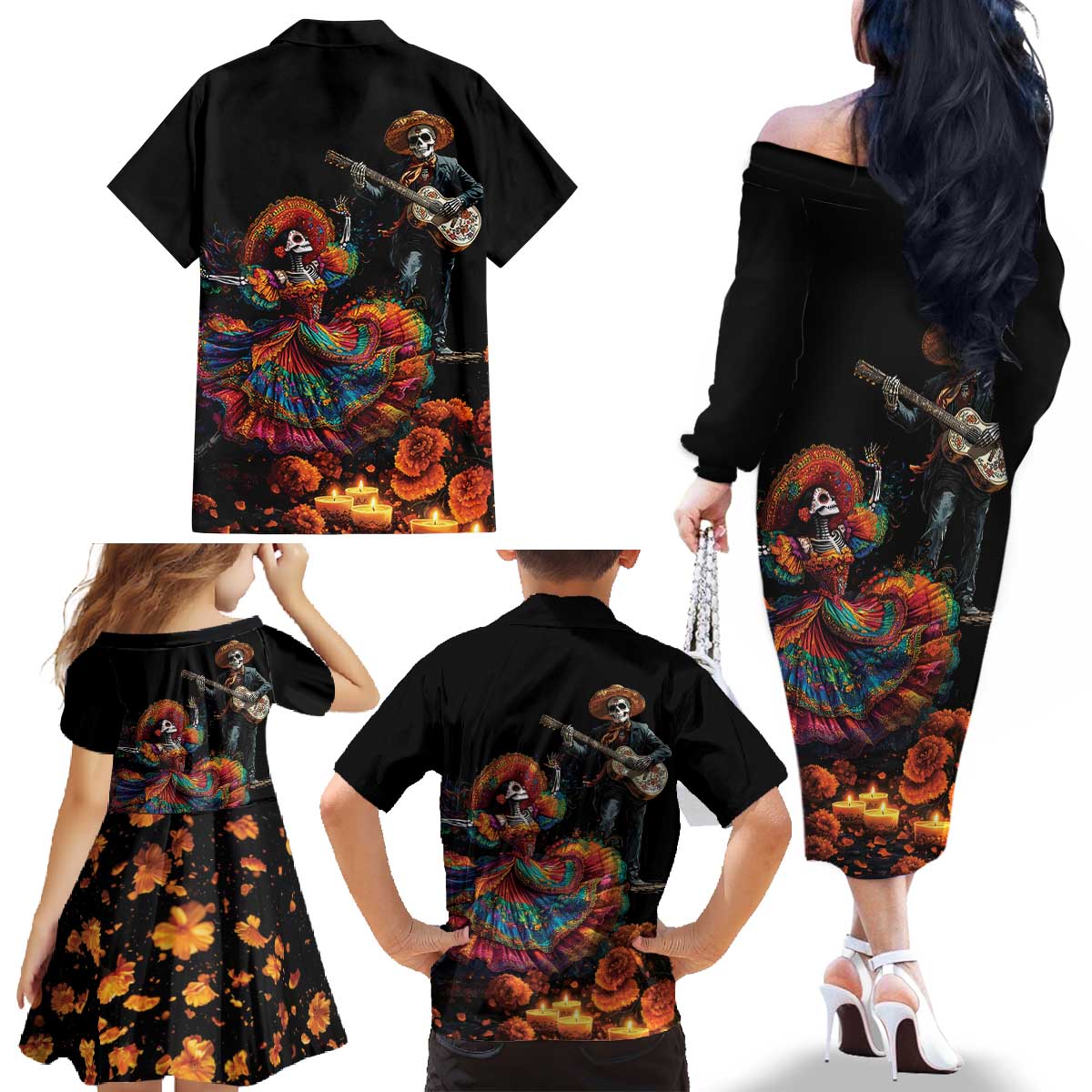 Mexico Dia de los Muertos Family Matching Off The Shoulder Long Sleeve Dress and Hawaiian Shirt La Calavera Catrina - Wonder Print Shop