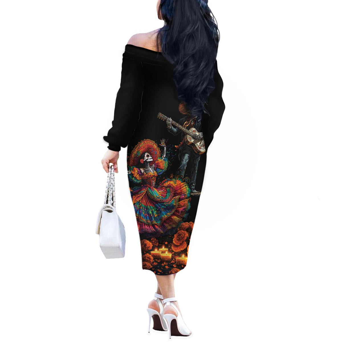 Mexico Dia de los Muertos Off The Shoulder Long Sleeve Dress La Calavera Catrina - Wonder Print Shop