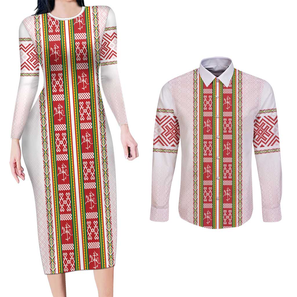 Lithuania Folk Pattern Vytis Motif Couples Matching Long Sleeve Bodycon Dress and Long Sleeve Button Shirt