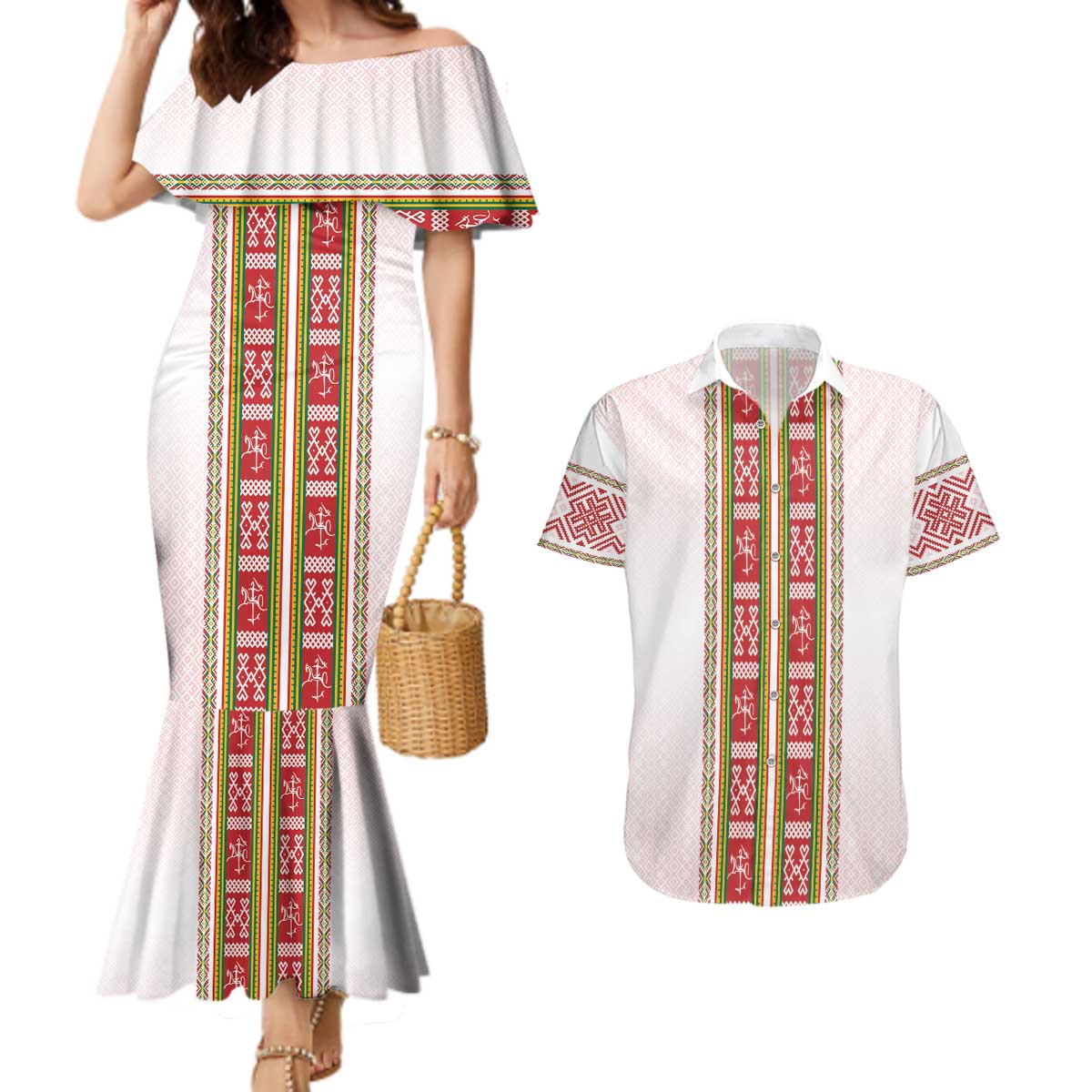 Lithuania Folk Pattern Vytis Motif Couples Matching Mermaid Dress and Hawaiian Shirt
