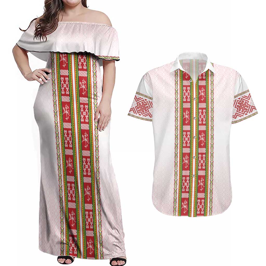 Lithuania Folk Pattern Vytis Motif Couples Matching Off Shoulder Maxi Dress and Hawaiian Shirt