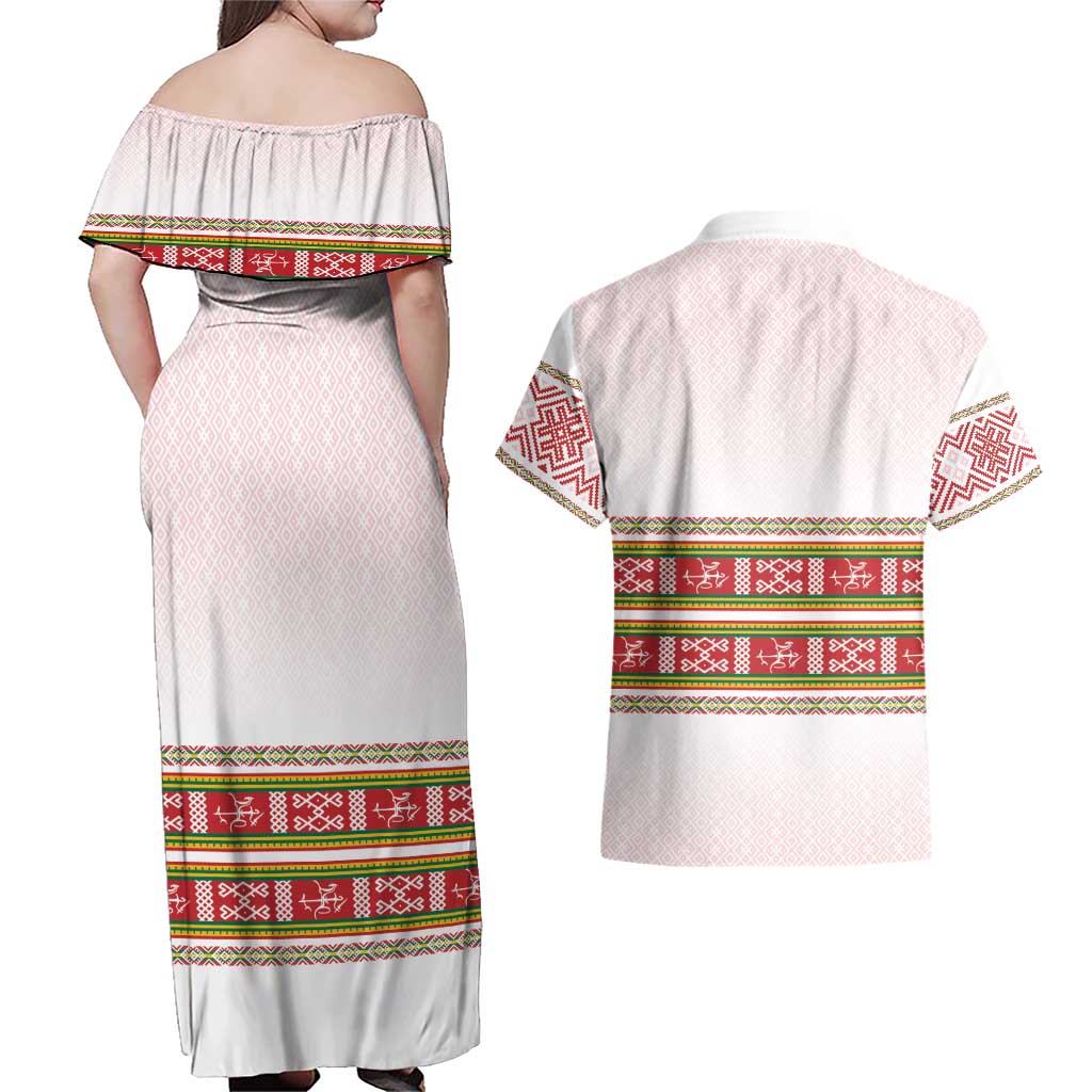 Lithuania Folk Pattern Vytis Motif Couples Matching Off Shoulder Maxi Dress and Hawaiian Shirt