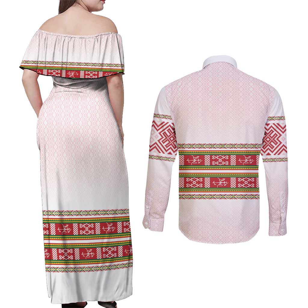 Lithuania Folk Pattern Vytis Motif Couples Matching Off Shoulder Maxi Dress and Long Sleeve Button Shirt