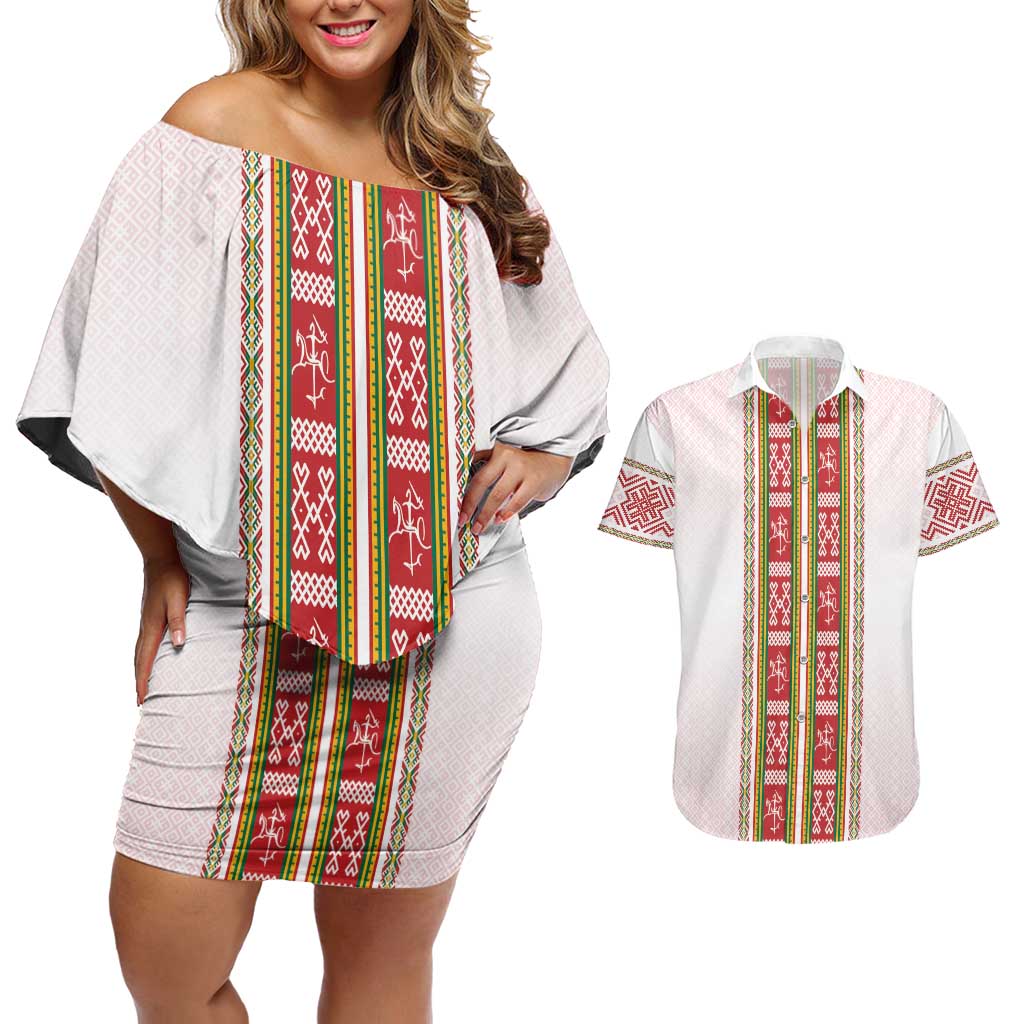 Lithuania Folk Pattern Vytis Motif Couples Matching Off Shoulder Short Dress and Hawaiian Shirt