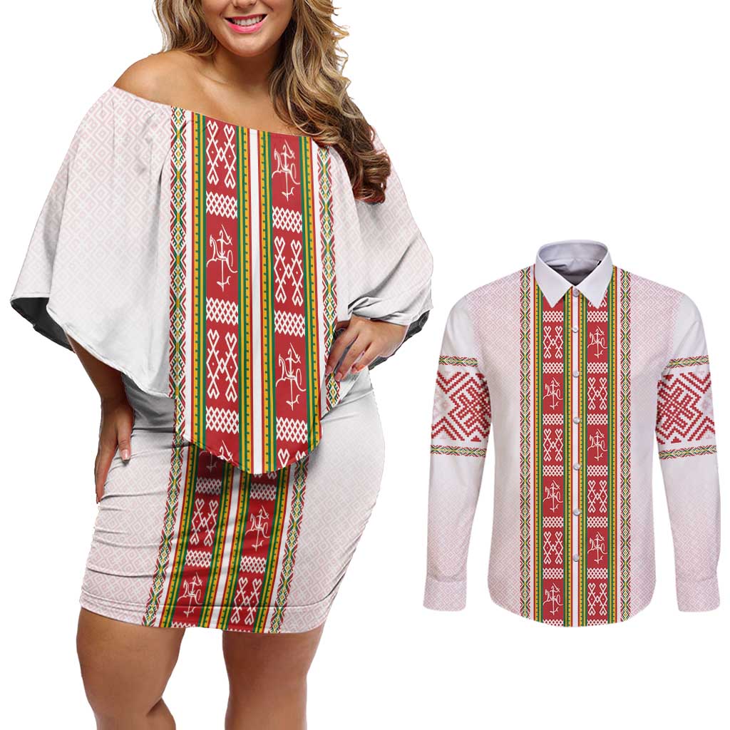 Lithuania Folk Pattern Vytis Motif Couples Matching Off Shoulder Short Dress and Long Sleeve Button Shirt