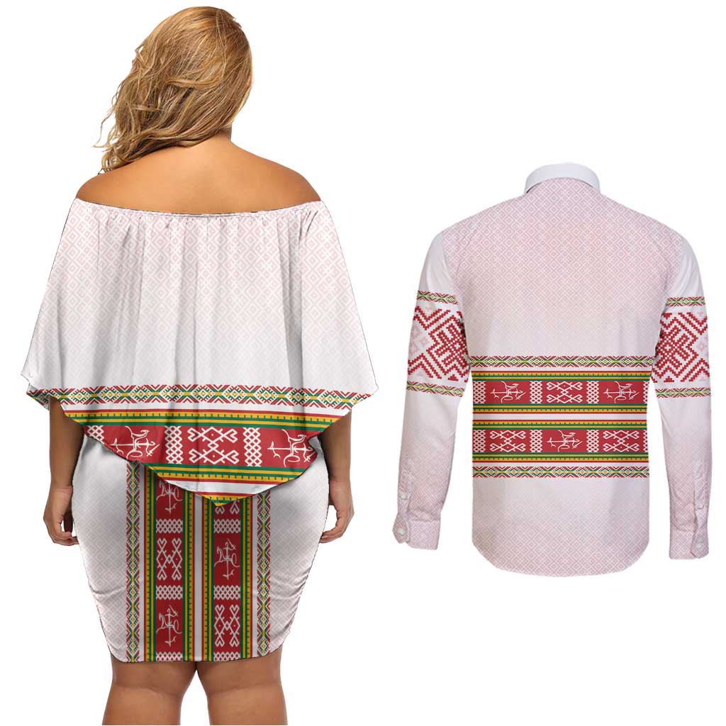 Lithuania Folk Pattern Vytis Motif Couples Matching Off Shoulder Short Dress and Long Sleeve Button Shirt