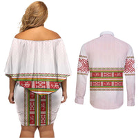 Lithuania Folk Pattern Vytis Motif Couples Matching Off Shoulder Short Dress and Long Sleeve Button Shirt