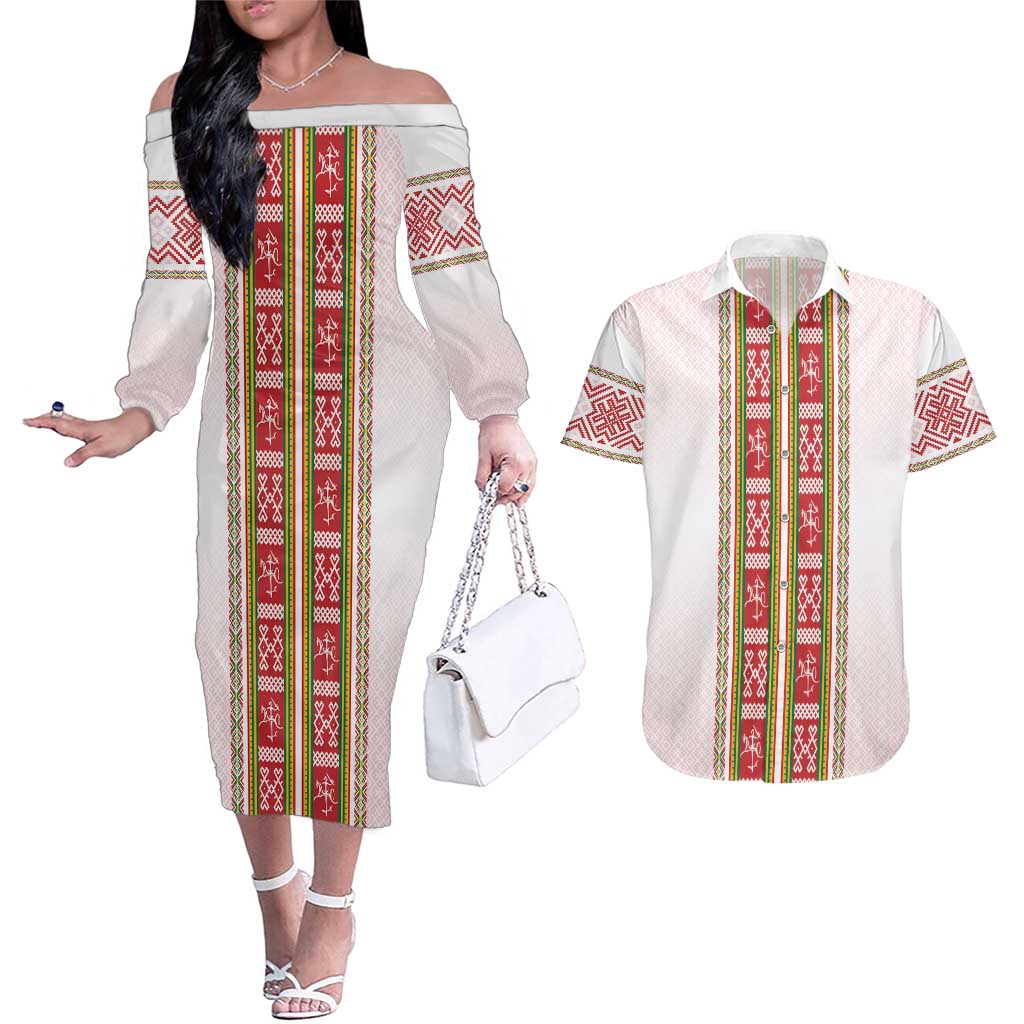 Lithuania Folk Pattern Vytis Motif Couples Matching Off The Shoulder Long Sleeve Dress and Hawaiian Shirt