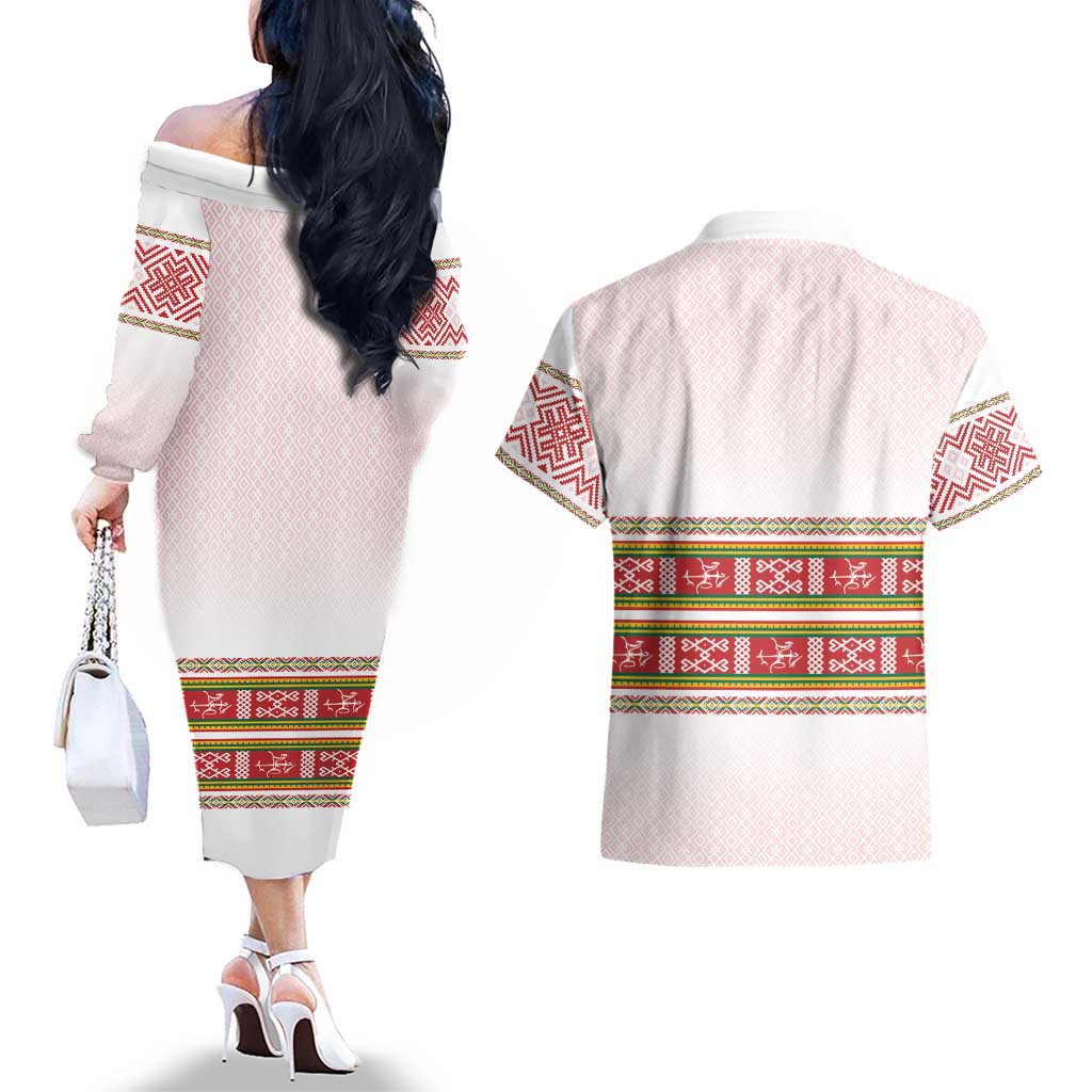 Lithuania Folk Pattern Vytis Motif Couples Matching Off The Shoulder Long Sleeve Dress and Hawaiian Shirt
