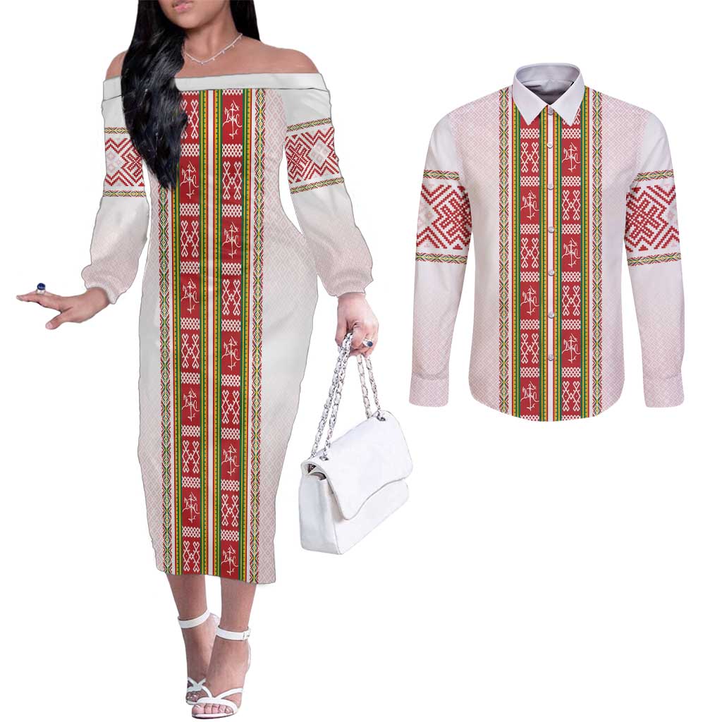 Lithuania Folk Pattern Vytis Motif Couples Matching Off The Shoulder Long Sleeve Dress and Long Sleeve Button Shirt