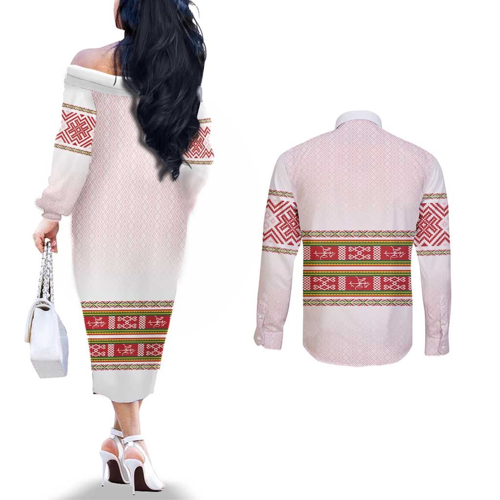 Lithuania Folk Pattern Vytis Motif Couples Matching Off The Shoulder Long Sleeve Dress and Long Sleeve Button Shirt