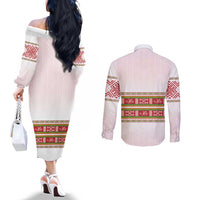 Lithuania Folk Pattern Vytis Motif Couples Matching Off The Shoulder Long Sleeve Dress and Long Sleeve Button Shirt
