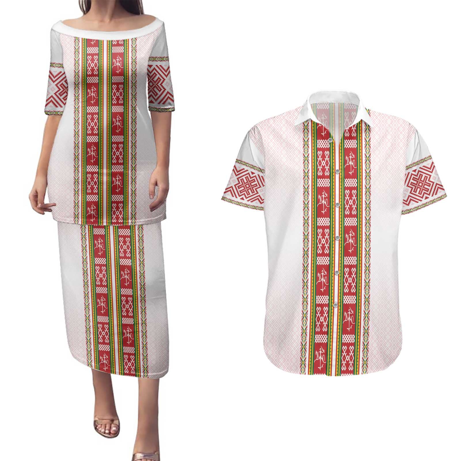 Lithuania Folk Pattern Vytis Motif Couples Matching Puletasi and Hawaiian Shirt