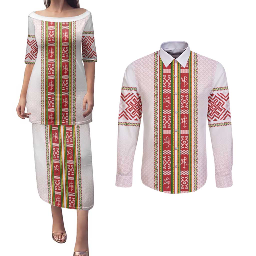 Lithuania Folk Pattern Vytis Motif Couples Matching Puletasi and Long Sleeve Button Shirt