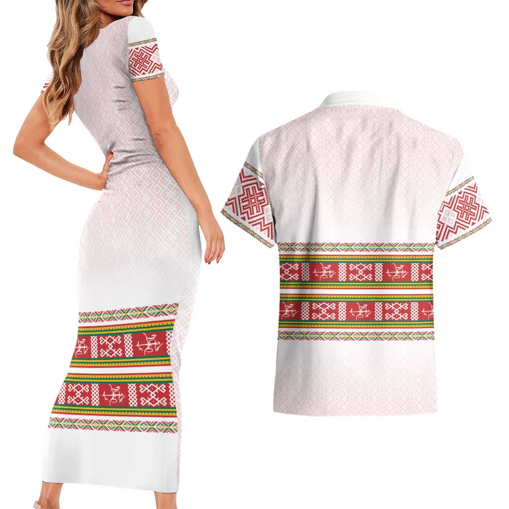 Lithuania Folk Pattern Vytis Motif Couples Matching Short Sleeve Bodycon Dress and Hawaiian Shirt
