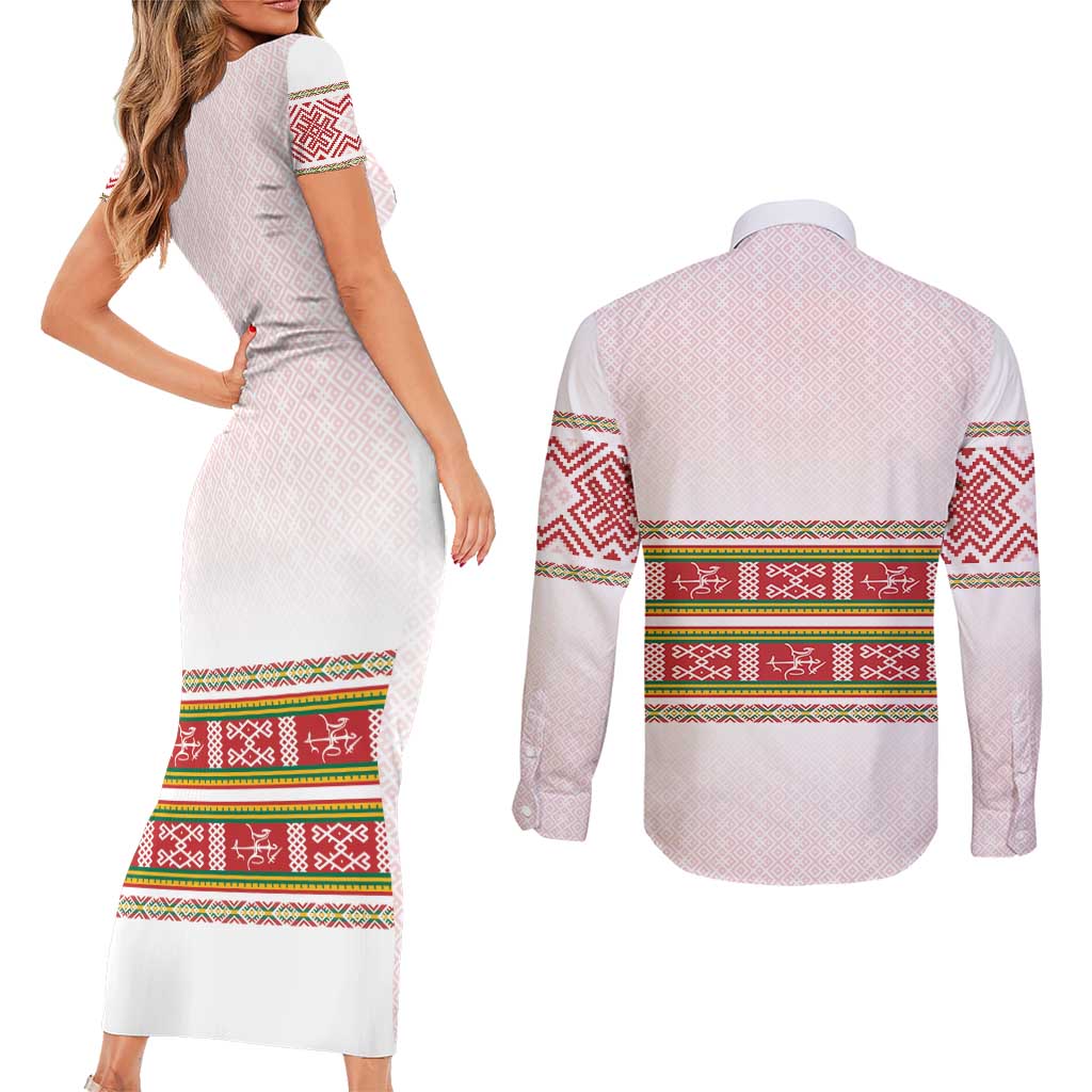 Lithuania Folk Pattern Vytis Motif Couples Matching Short Sleeve Bodycon Dress and Long Sleeve Button Shirt