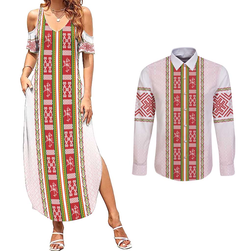 Lithuania Folk Pattern Vytis Motif Couples Matching Summer Maxi Dress and Long Sleeve Button Shirt