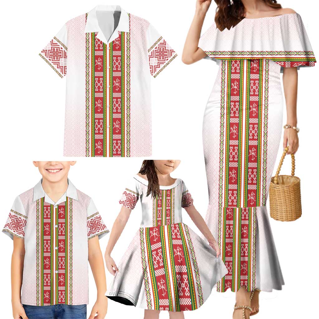 Lithuania Folk Pattern Vytis Motif Family Matching Mermaid Dress and Hawaiian Shirt