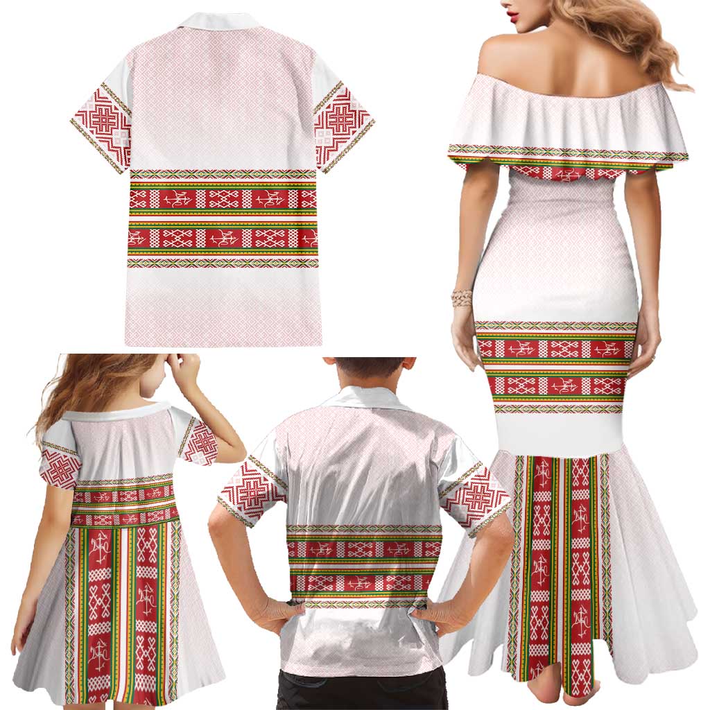 Lithuania Folk Pattern Vytis Motif Family Matching Mermaid Dress and Hawaiian Shirt