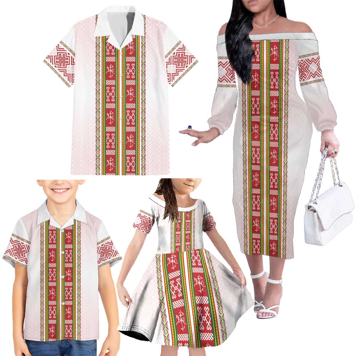 Lithuania Folk Pattern Vytis Motif Family Matching Off The Shoulder Long Sleeve Dress and Hawaiian Shirt