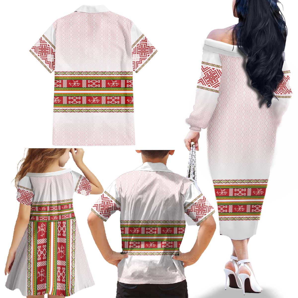 Lithuania Folk Pattern Vytis Motif Family Matching Off The Shoulder Long Sleeve Dress and Hawaiian Shirt