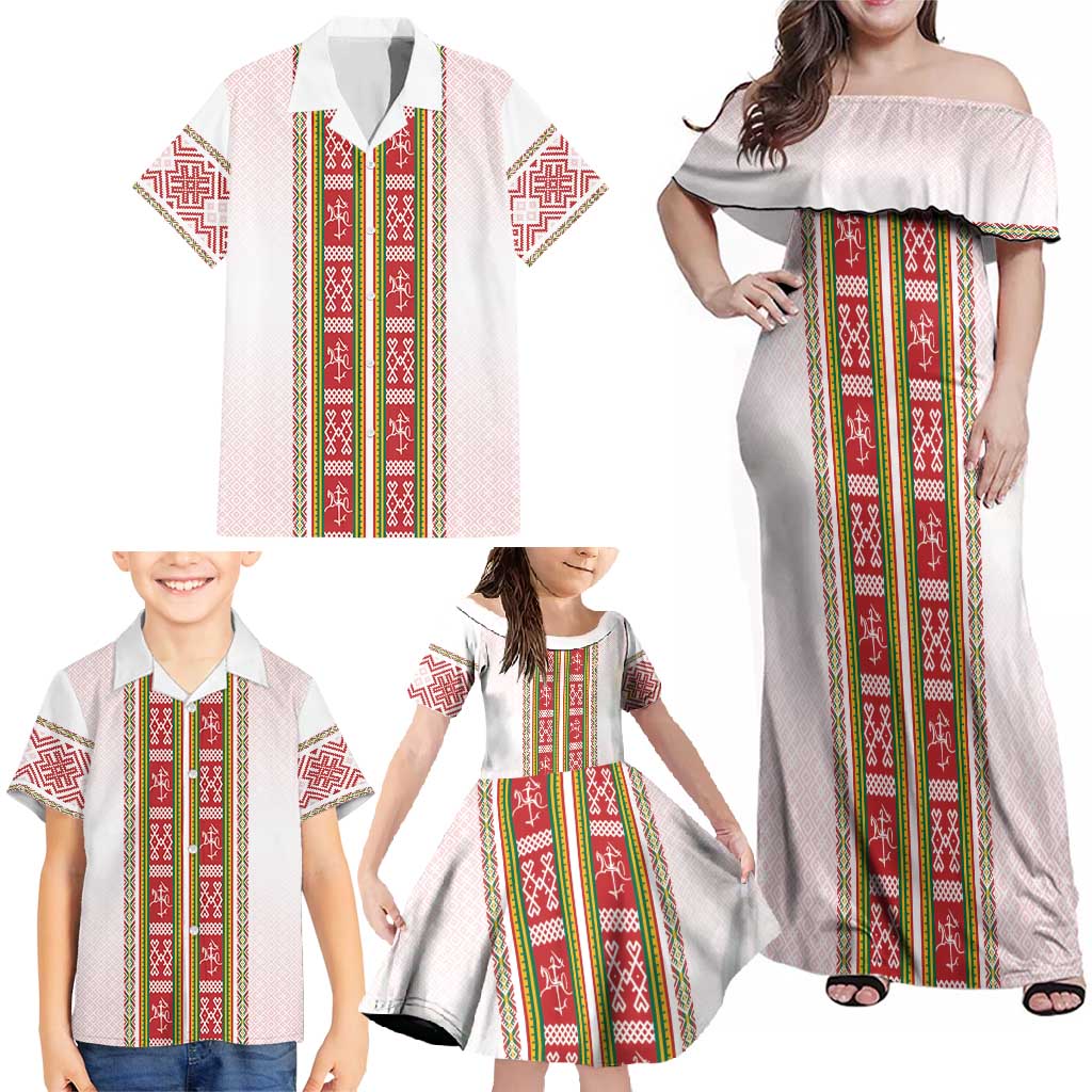 Lithuania Folk Pattern Vytis Motif Family Matching Off Shoulder Maxi Dress and Hawaiian Shirt