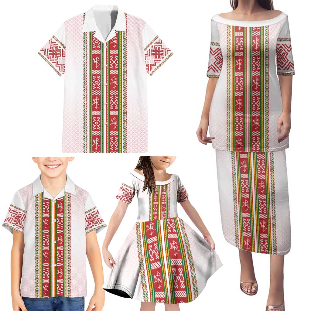 Lithuania Folk Pattern Vytis Motif Family Matching Puletasi and Hawaiian Shirt