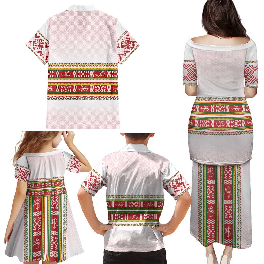 Lithuania Folk Pattern Vytis Motif Family Matching Puletasi and Hawaiian Shirt